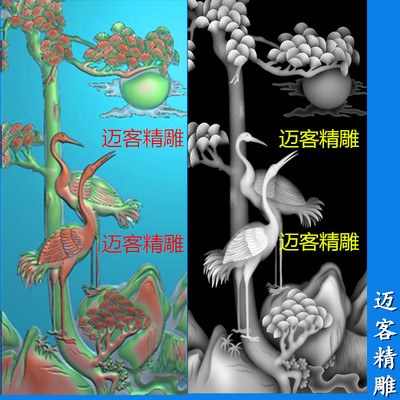 松鹤精雕图竖版松鹤浮雕图灰度图石雕木雕屏风牌匾中堂画
