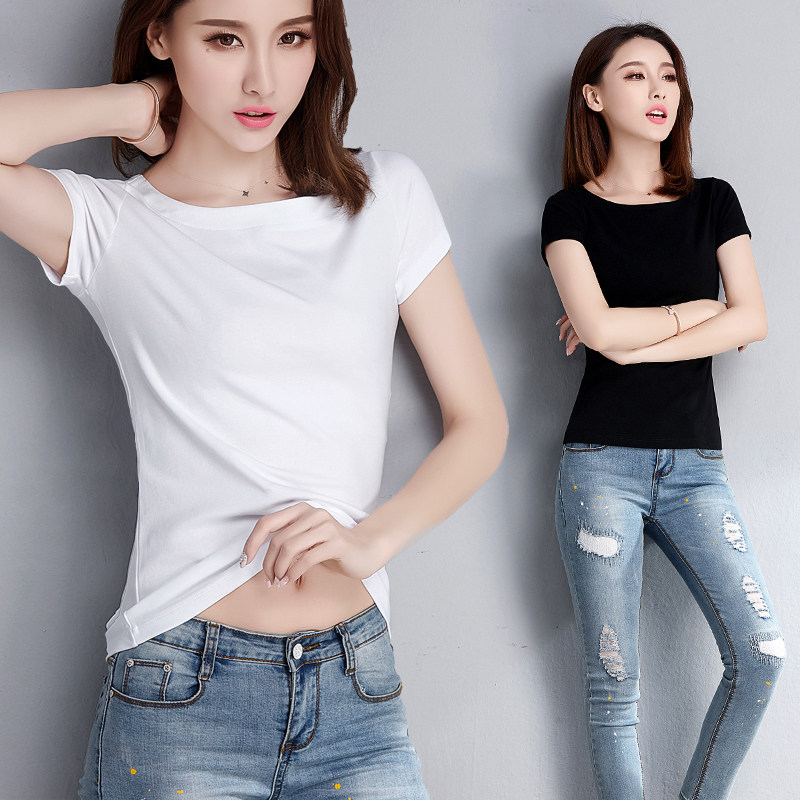白色修身罗纹棉半圆领短袖t恤女