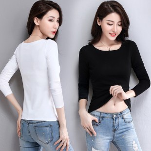 纯色百搭外穿长袖 女内搭春秋新款 t恤 罗纹棉半圆领打底衫 黑色修身