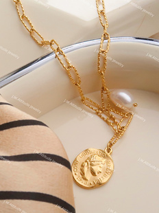 J.W. ins风女王像硬币吊牌珍珠吊坠项链欧美钛钢轻奢锁骨颈链小众