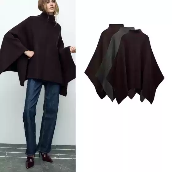 Autumn and Winter New Women's European and American Loose Fashion Asymmetrical Stand-Up Collar Knitted Cape Jacket 3739027 3739324