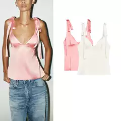 Summer New Arrival Women's Simple V-Neck Sleeveless Satin Texture Camisole Top with Bow Detail 3059371