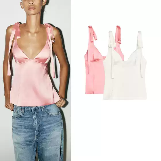 New Arrival Women's Summer Satin Camisole Top with V-Neck, Sleeveless, Bow Detail, Simple Style 3059371