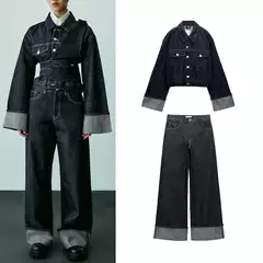 New Autumn and Winter Rolled Hem Jeans 6045205 Lapel Long-Sleeved Denim Jacket 6045206