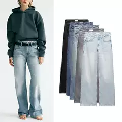 Spring New Women's Clothing, Casual Commuting Floor-Length Pants, Cotton Loose Wide-Leg Mid-Waist Jeans 6045129