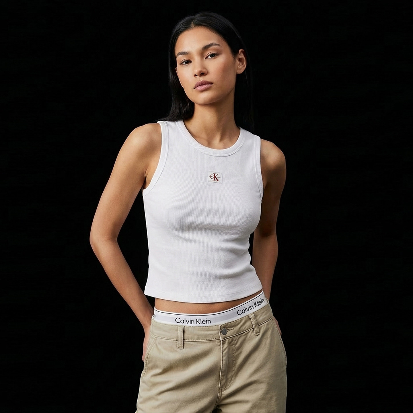 CK Jeans女士背心夏季通勤罗纹修身辣妹无袖打底T恤经典绣标上衣