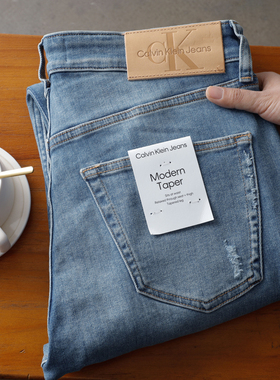 Calvin Klein Jeans男士复古破洞做旧猫须楔形锥形牛仔裤J325394