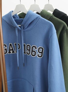 亏本清仓 GAP男女秋冬加绒连帽套头卫衣刺绣LOGO情侣休闲潮牌帽衫