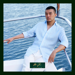 一片领亚麻衬衫 翻领纽扣男休闲定制AllenXie艾伦谢 薄衬衣纯色长袖