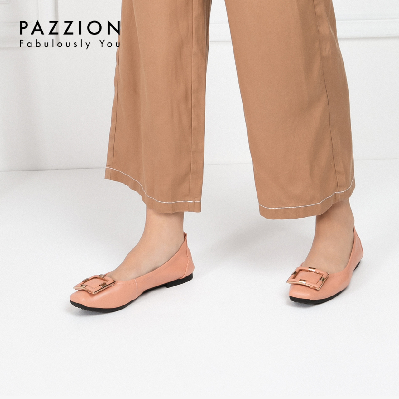 PAZZION2019夏季新款套脚方头浅口单鞋 复古金属方扣软底平底鞋女