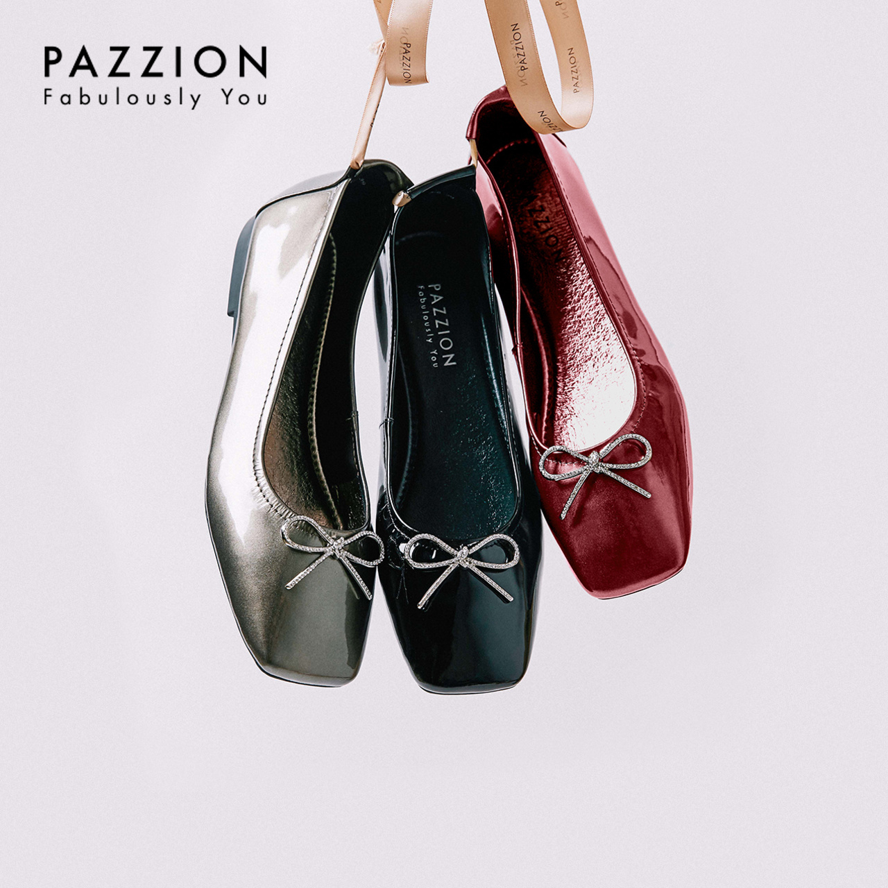 PAZZION2019新款甜美水钻蝴蝶结单鞋 休闲舒适漆皮浅口方头平底鞋