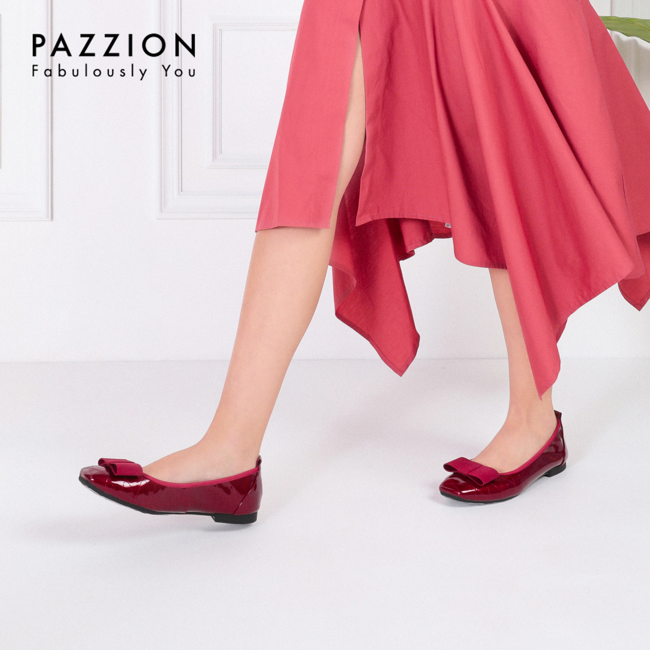 PAZZION2019新款简约蝴蝶结漆皮平底鞋 浅口方头套脚休闲单鞋女