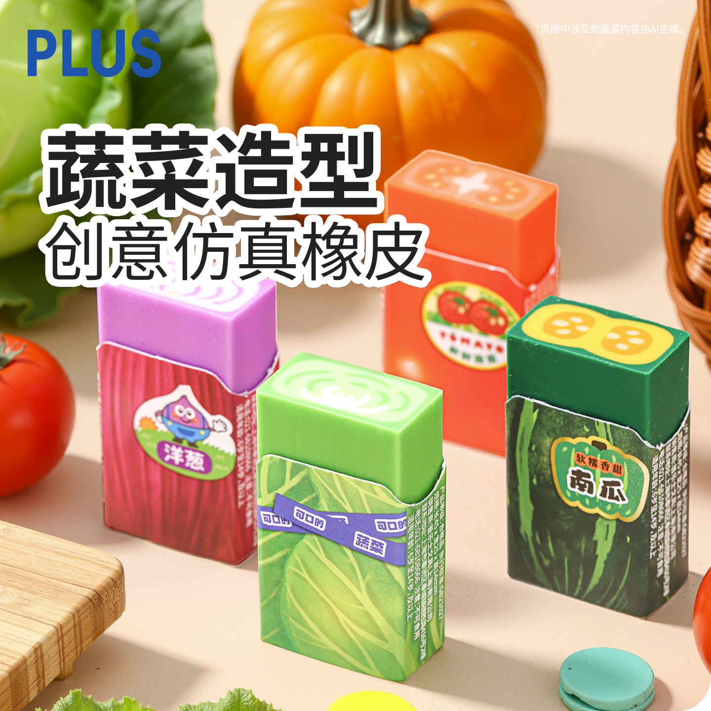 日本PLUS普乐士蔬菜橡皮创意擦得干净可爱柔软儿童铅笔绘画绘图橡皮小学生象皮擦创意夹心可爱擦字成线