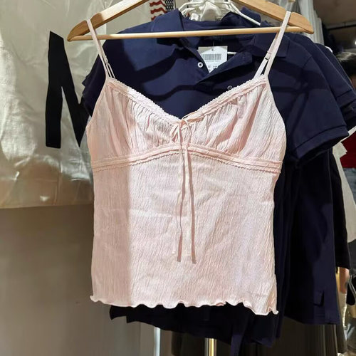 bm粉色蕾丝边系带吊带背心上衣女