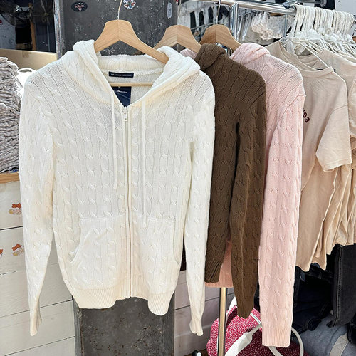 BM官网秋冬新款浅粉麻花连帽开衫毛衣bm百搭拉链外套针织上衣女潮