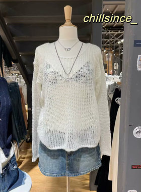 BrandyBM官网新款圆领舒适马海毛镂空针织衫bm纯色百搭宽松外套女