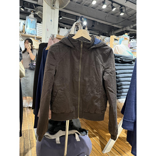 BM新款美拉德棕色连帽拉链夹棉外套bm秋冬休闲工装保暖夹克棉服女