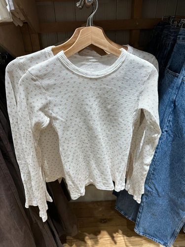 Brandy BM官网碎花长袖T恤女春秋新款休闲百搭华夫格修身显瘦上衣