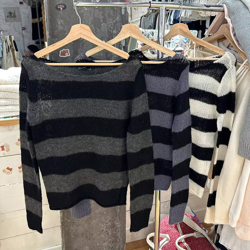 BM官网秋季新款美式百搭马海毛条纹毛衣bm宽松针织衫套头上衣女