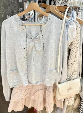 BM官网秋季新款圆领花边针织开衫bm单排扣温柔显瘦百搭内搭外套女
