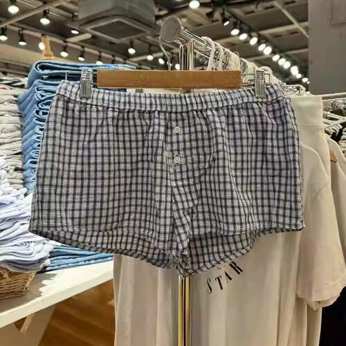 美式复古自然腰短裤新款格纹