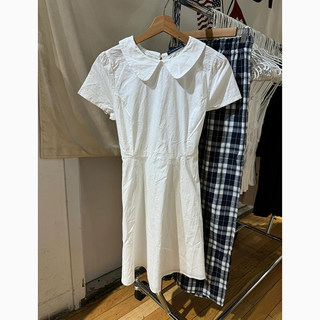 BM新款娃娃领收腰系带裙子小个子连衣裙女bm修身白色长裙衬衫裙夏