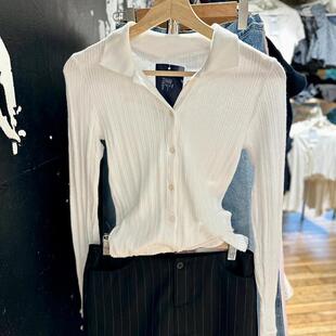 BM官网新款美式polo领百搭针织开衫T恤bm纯色修身长袖辣妹上衣女