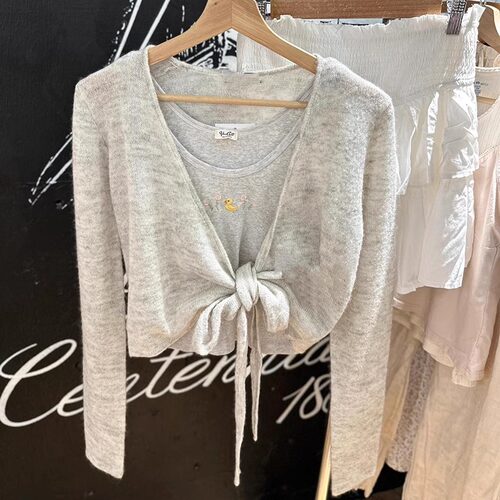 BM官网新款灰色绑带长袖针织开衫上衣女bm秋季辣妹罩衫毛衣薄外套