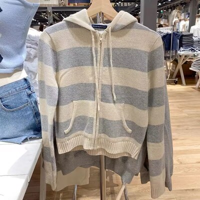 BrandyBM官网美式复古蓝灰色条纹毛衣女bm短款百搭针织开衫外套潮