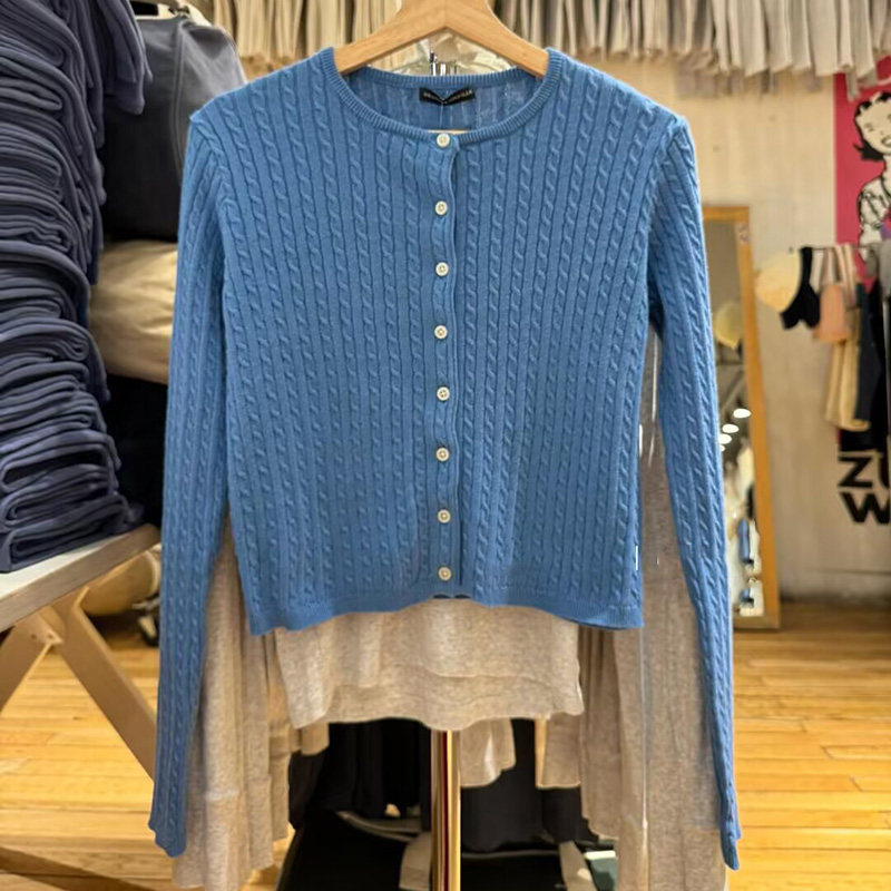 BM官网美式复古蓝色麻花圆领长袖针织女bm新款百搭打底衫毛衣外套