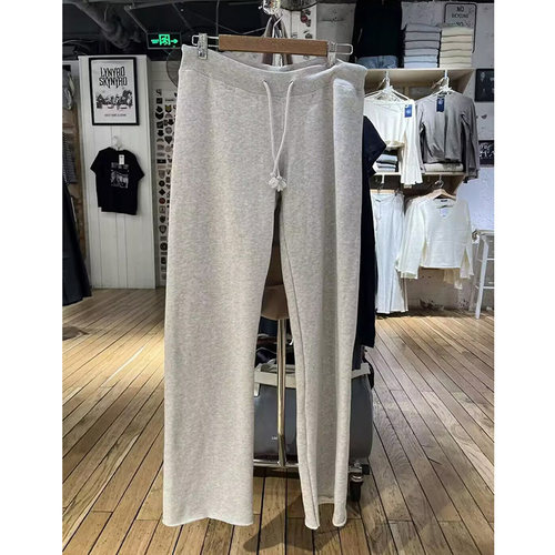 BM官网新款美式复古纯棉抽绳直筒休闲裤bm百搭阔腿裤毛边长裤女