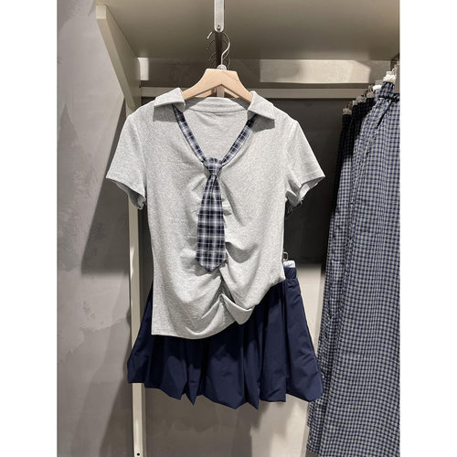 bm学院风翻领格子短袖T恤上衣女