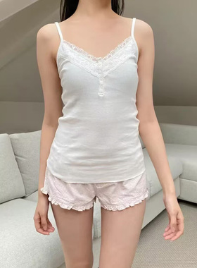 BM新款四粒扣白色蕾丝花边吊带背心女bm纯欲风修身显瘦打底上衣夏