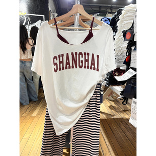 BM新款美式复古shanghai一字领短袖T恤女bm白色宽松休闲显瘦上衣
