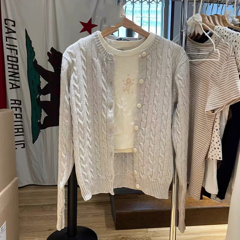 Brandy欧阳娜娜同款美式圆领纽扣麻花毛衣开衫bm复古针织衫外套女