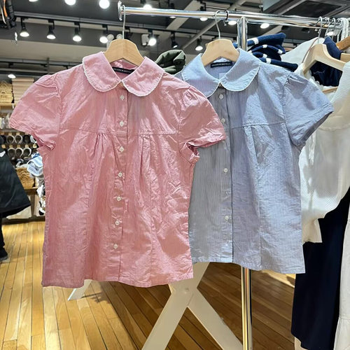 BM官网新款美式复古条纹娃娃领短袖衬衫bm百搭修身显瘦甜美上衣女