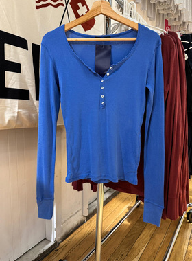 BM新款美式复古六粒扣白色长袖T恤bm百搭亨利衫上衣内搭打底衫女