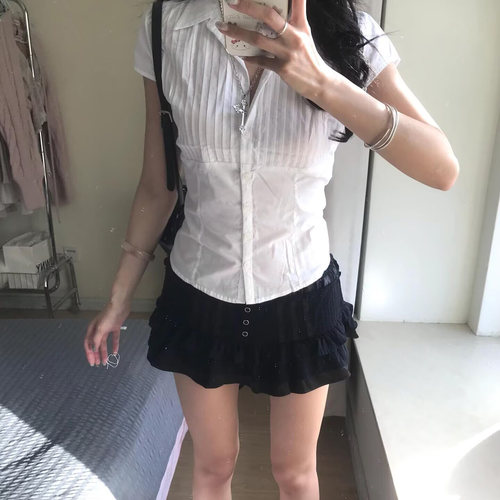 bm褶皱系带收腰绑带短袖衬衫上衣