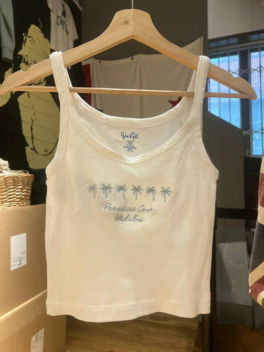 BM官网新款美式白色椰子树刺绣吊带背心bm纯棉内搭螺纹百搭上衣女