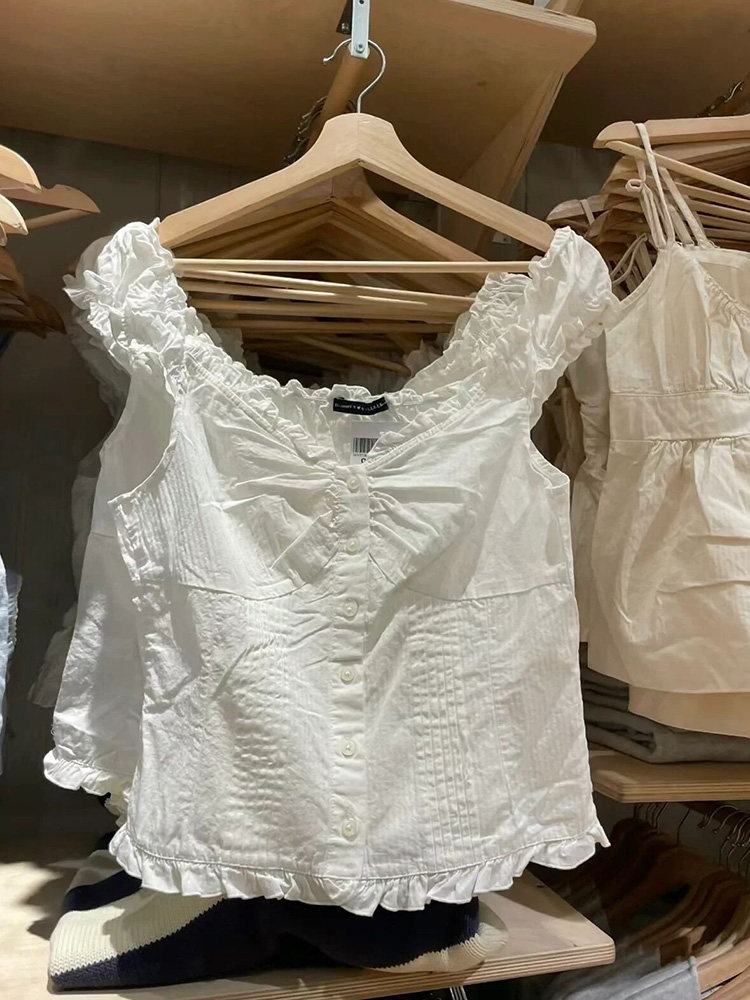BrandyBM官网新款美式褶皱排扣荷花边短袖上衣bm辣妹修身背心开衫
