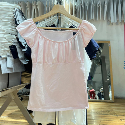 BM方领褶皱泡泡袖短袖T恤