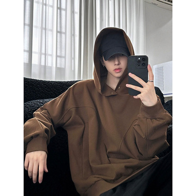 咖啡色600g重磅纯棉卫衣男秋季美拉德穿搭硬挺美式复古排扣连帽衫