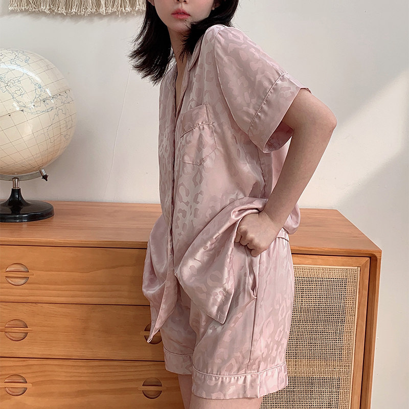 夏季睡衣女冰丝短袖短裤宽松豹纹甜美少女两件套装丝滑薄款家居服