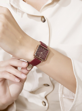 正品聚利时手表女复古方形红色小巧精致皮带文艺气质女学生表防水