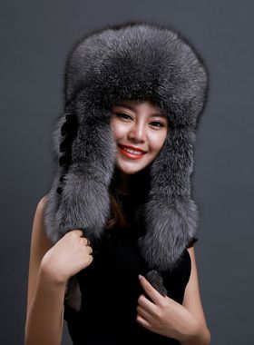 男女士通用款全毛真狐狸毛雷锋帽子银狐整皮帽子大护耳东北抗寒