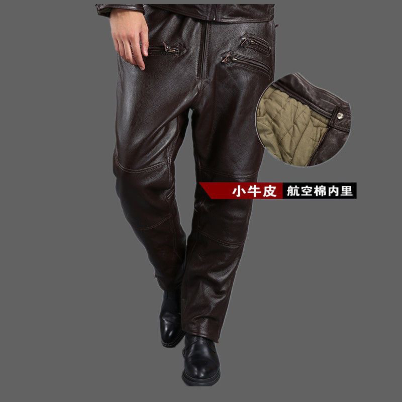 摩托机车飞行员真皮裤子牛皮男士中老年秋冬加厚宽松真皮马裤高腰