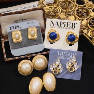 Vintage古董首饰Napier Trifari翠法丽复古水晶金色耳环耳钉D63