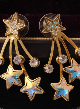 Vintage中古首饰KirksFolly星星水晶蓝色幻彩耳环耳钉D29