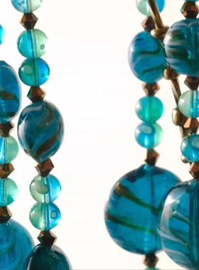 Vintage琉璃珠项链 |手工制独特复古温润｜蓝色独特纹理多层项链