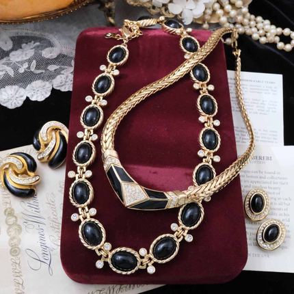 Vintage古董首饰DI0R复古优雅黑金色琉璃古典耳夹中古项链套装B31